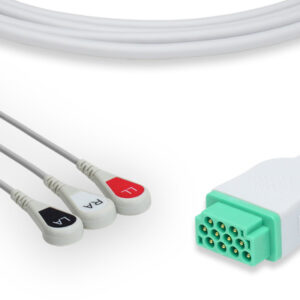GE Corometrics Compatible One-Piece ECG Cable, 3 Lead, Snap, AHA